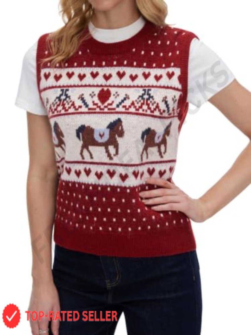 Womens Fair Isle Animal Motif Sweater Vest Crew Neck Sleeveless Knit Top